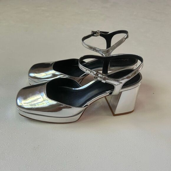 Reformation Silver Metallic Platform Block Heels Size 7 | Square Toe Party Shoes - Picture 4 of 7
